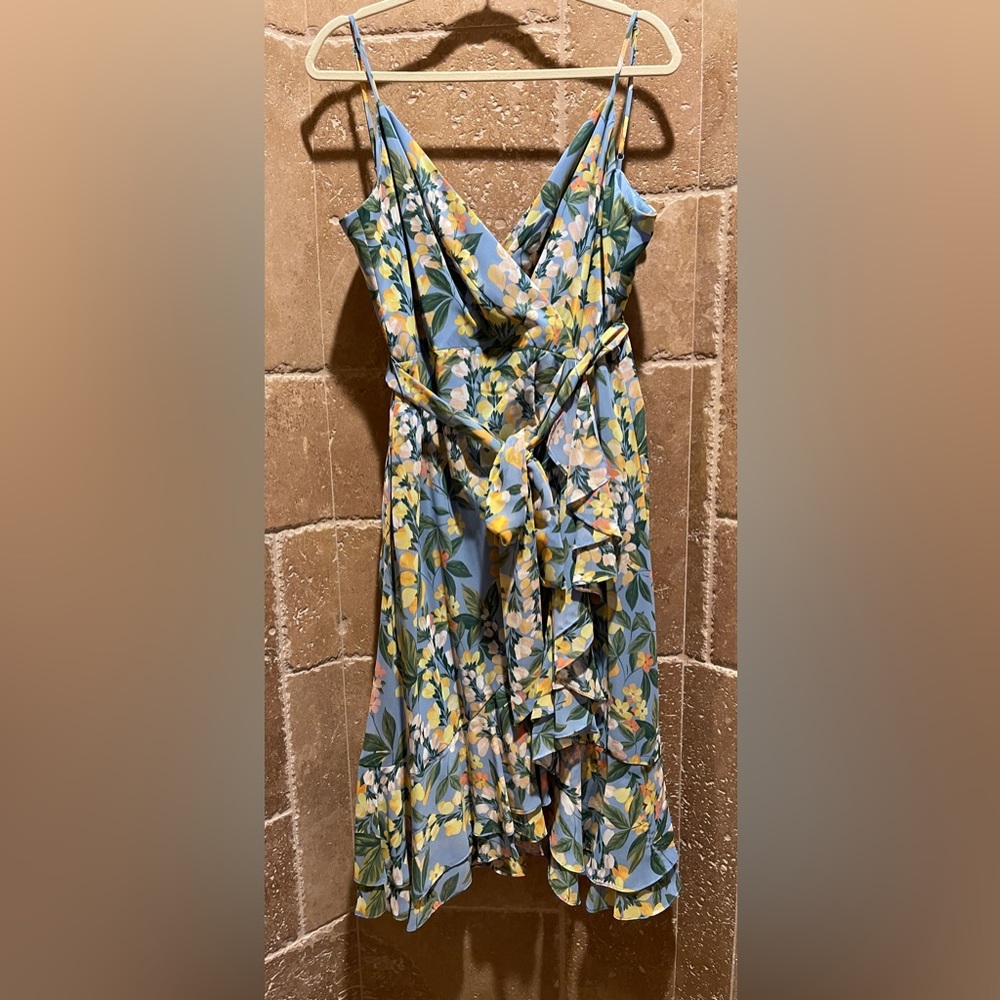 Eliza J Blue Floral Wrap Dress with Yellow Accents